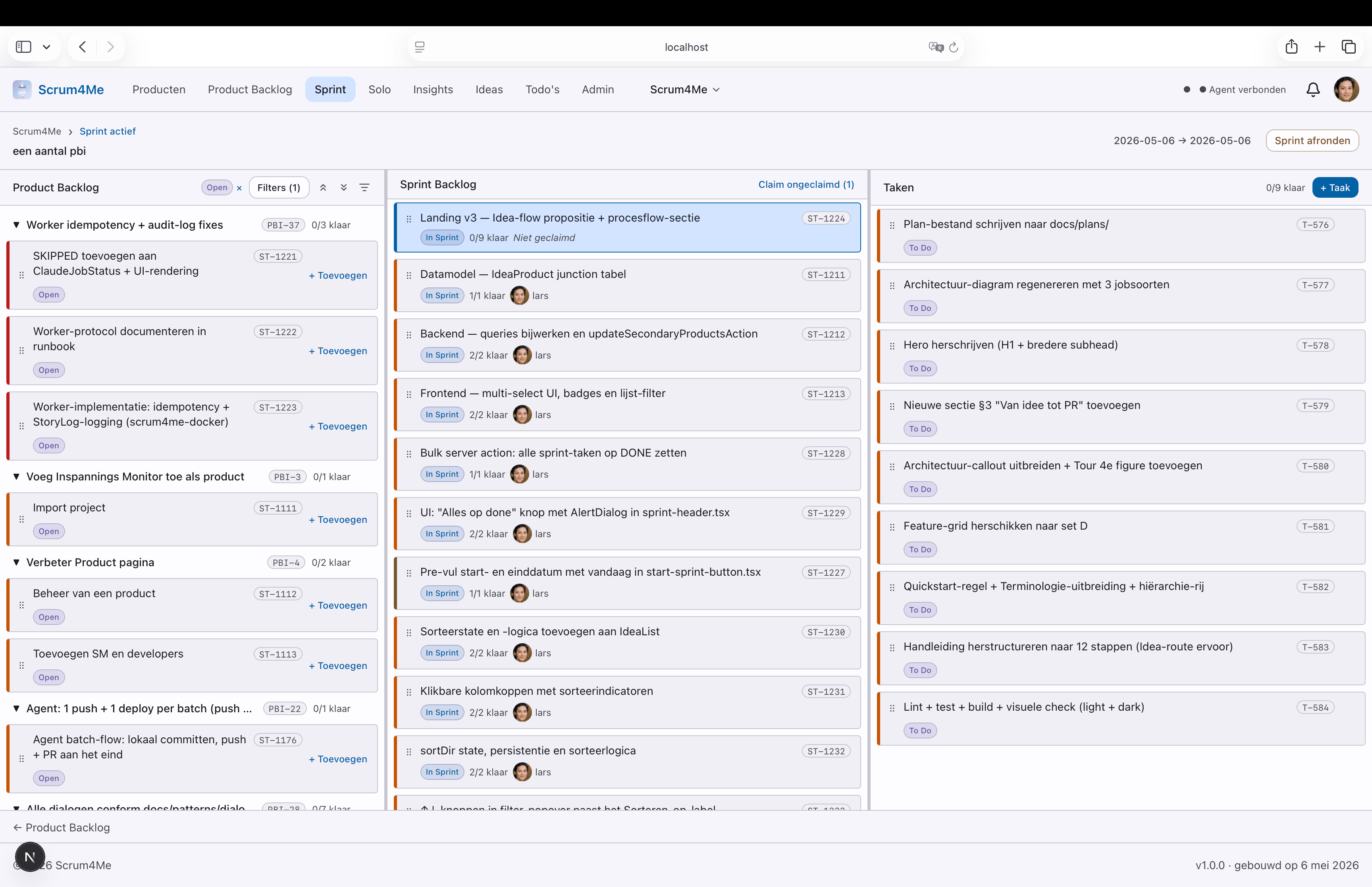 Sprint Board with three panels: Product Backlog, Sprint Backlog and Tasks